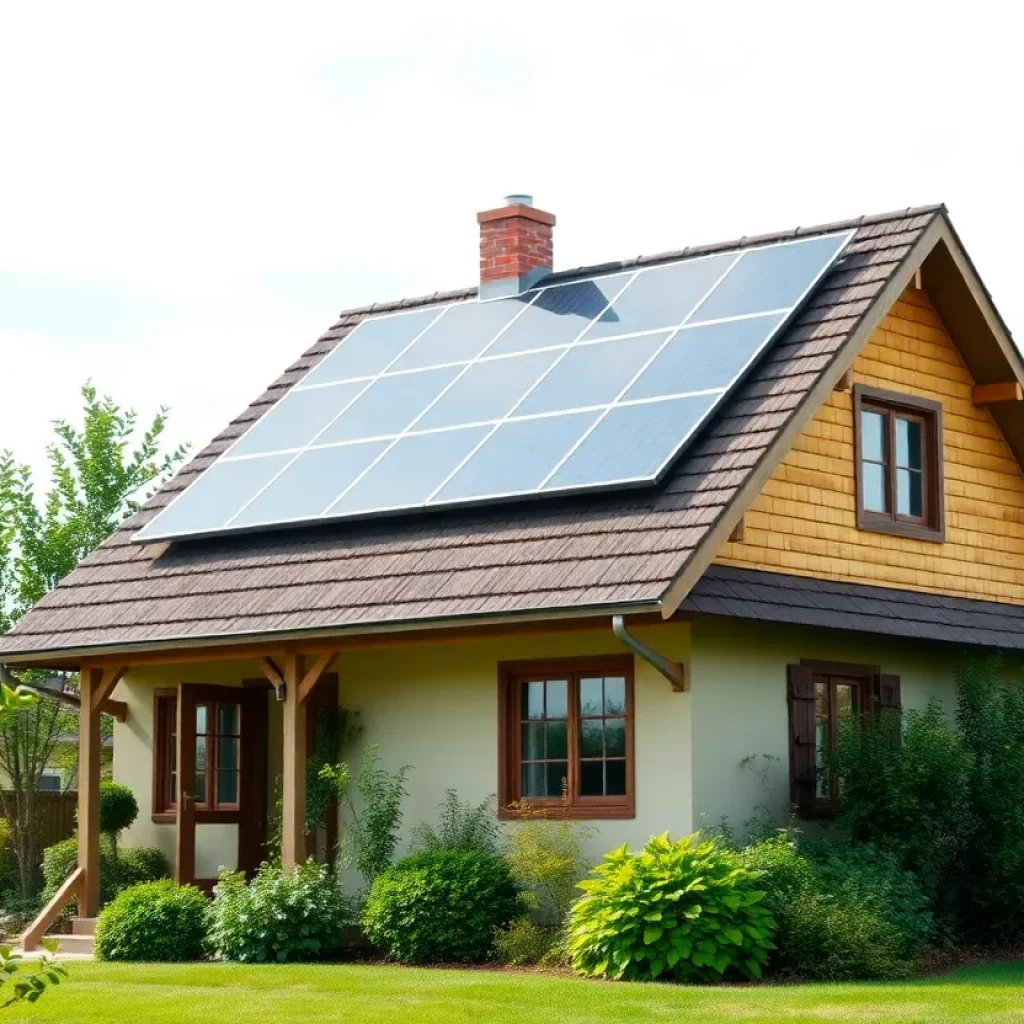 Eco-friendly home with solar panels and green landscape