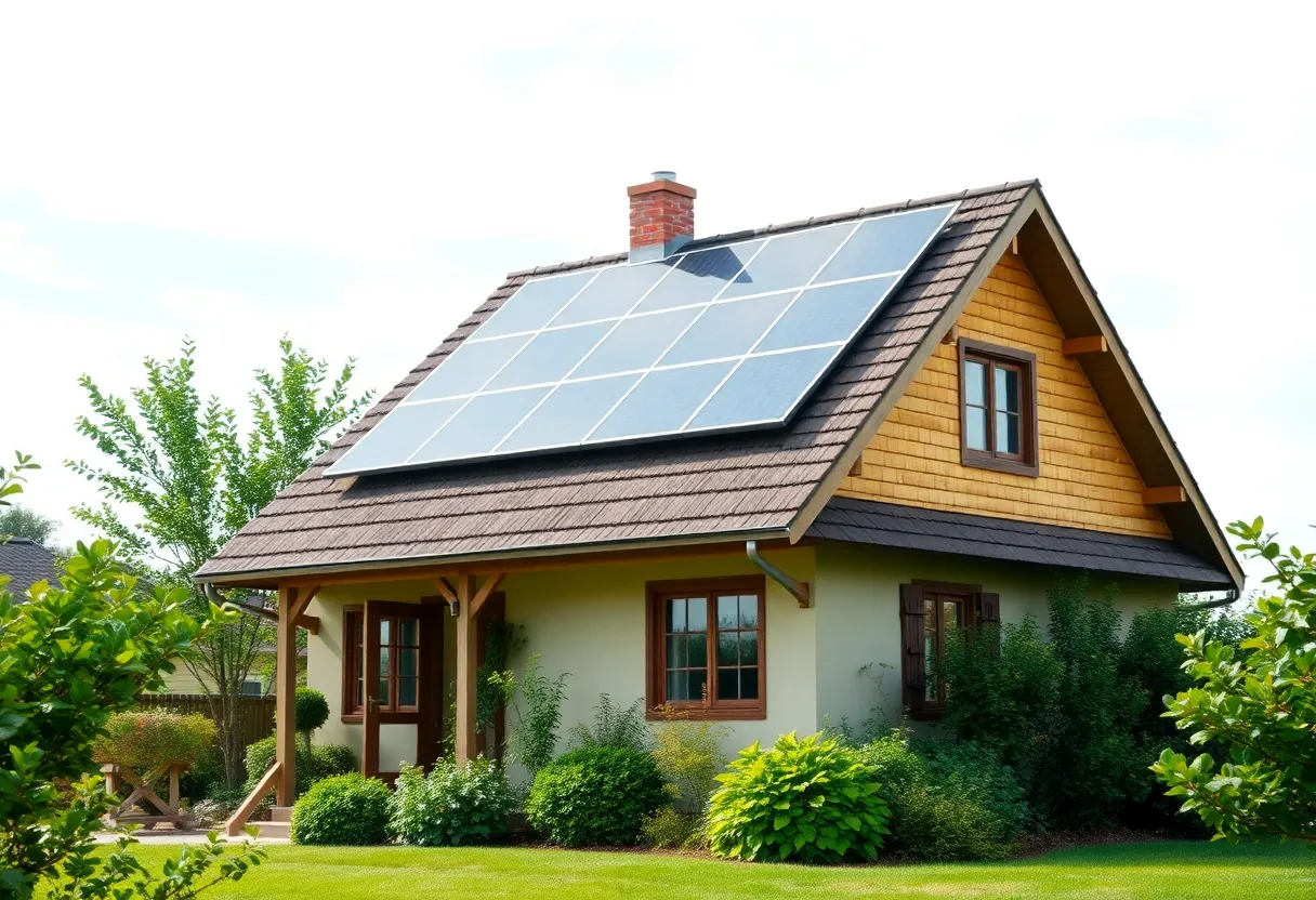 Eco-friendly home with solar panels and green landscape