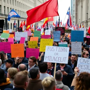 Crowd of protesters holding signs during the Hands Off protests in East Tennessee