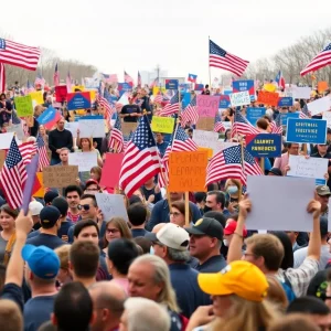 Crowd at Hands Off rally in Knoxville holding signs