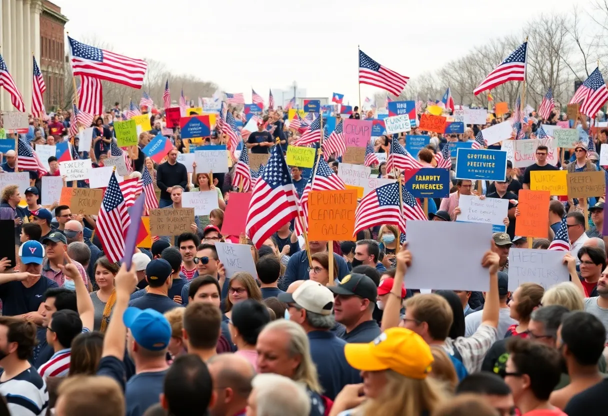 Crowd at Hands Off rally in Knoxville holding signs