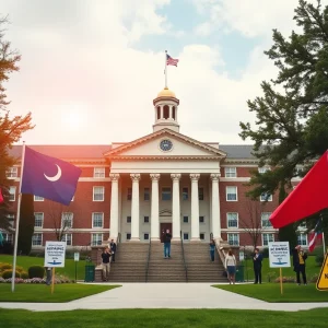 Illustration depicting the conflict between Harvard University and federal funding issues.