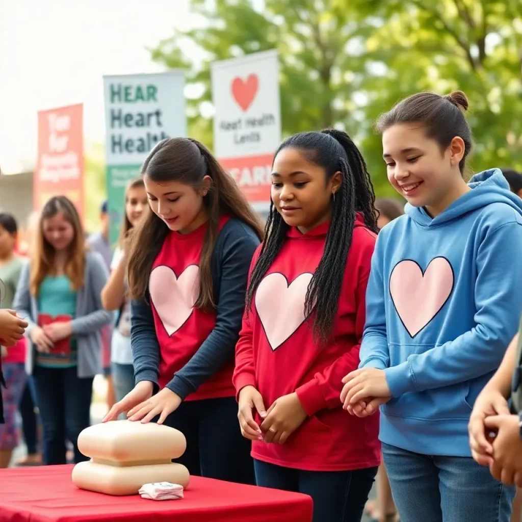Community event focused on heart health awareness with teens participating in CPR demonstrations.