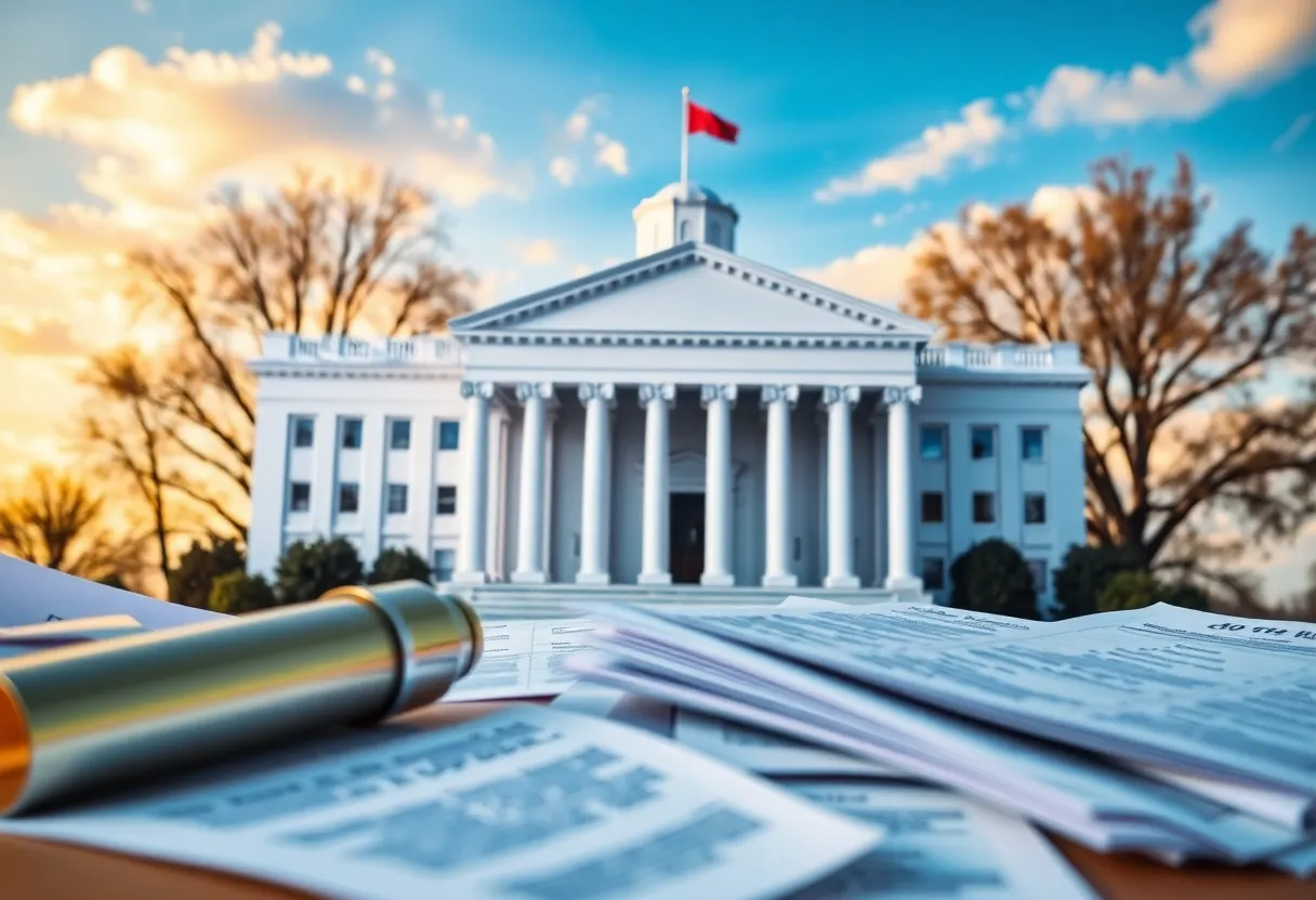 Government building with documents representing budget discussions