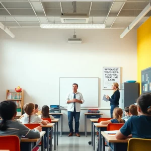 Classroom scene with students and a teacher discussing educational options
