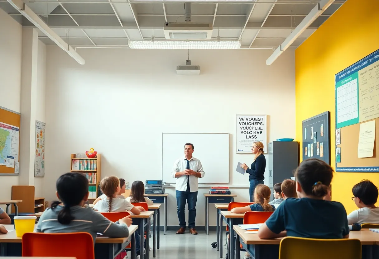 Classroom scene with students and a teacher discussing educational options