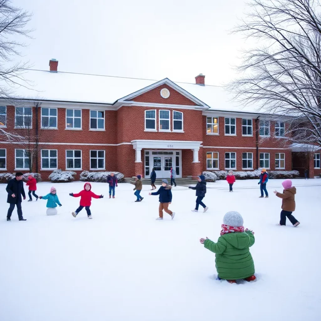 Knox County Schools covered in snow with children playing outside.