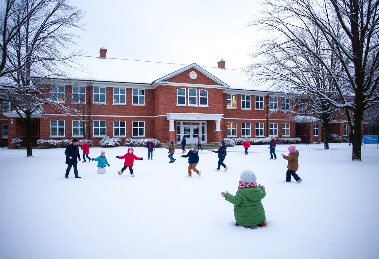 Knox County Schools covered in snow with children playing outside.