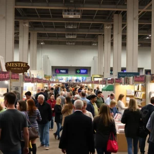 Attendees enjoying the Knoxville Book Festival with various book vendors.