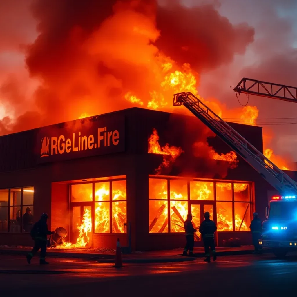 Firefighters responding to a business fire in Knoxville at dawn.