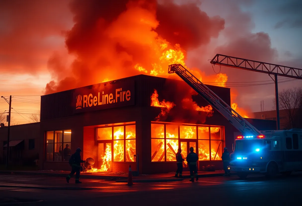 Firefighters responding to a business fire in Knoxville at dawn.