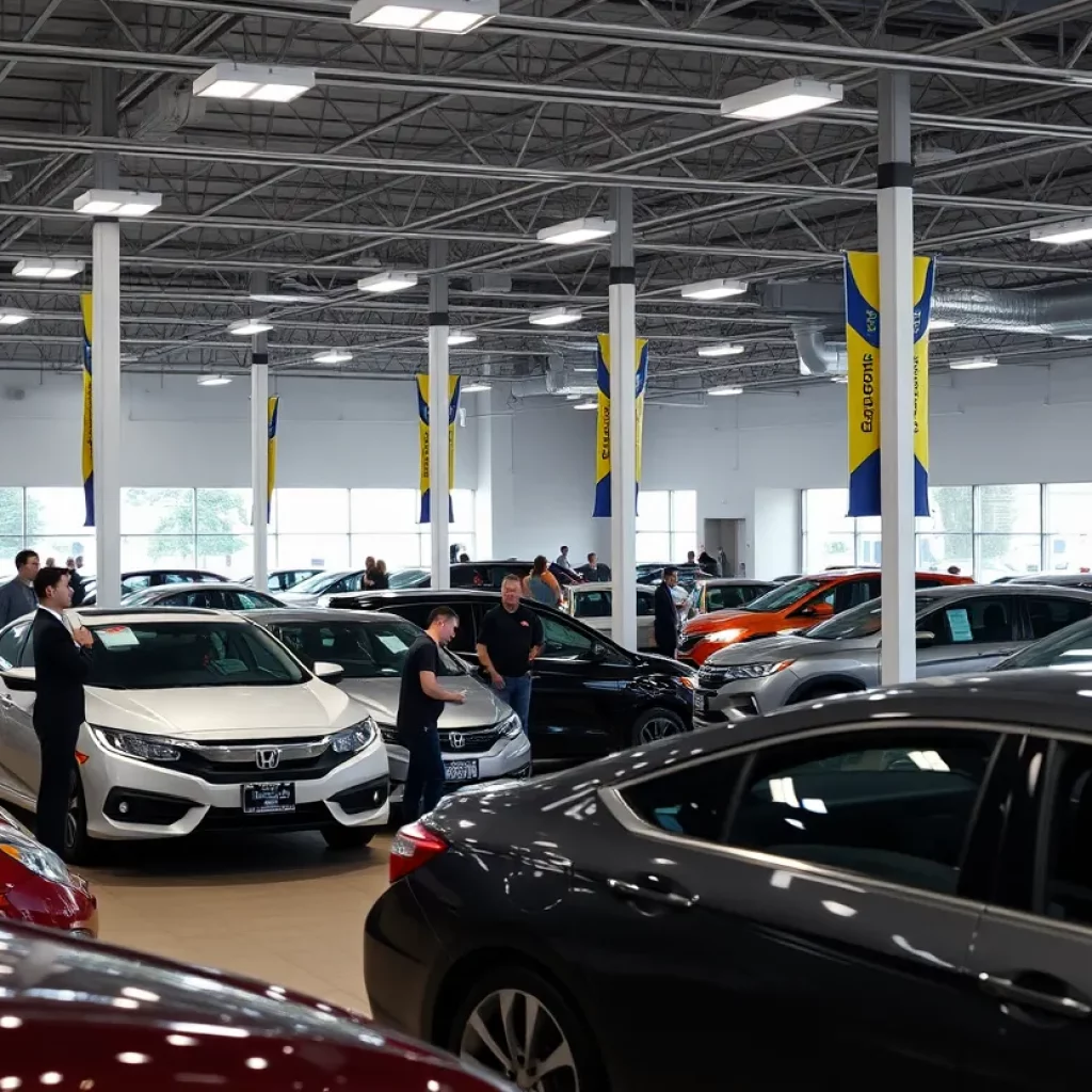 A vibrant scene of a car dealership with customers browsing vehicles in Knoxville.