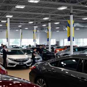 A vibrant scene of a car dealership with customers browsing vehicles in Knoxville.