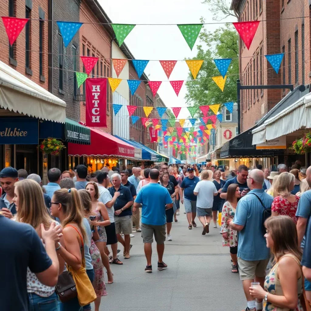 A vibrant street scene at a Knoxville festival with people socializing and enjoying food and drinks.
