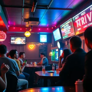 Patrons enjoying a lively karaoke night in a vibrant bar.