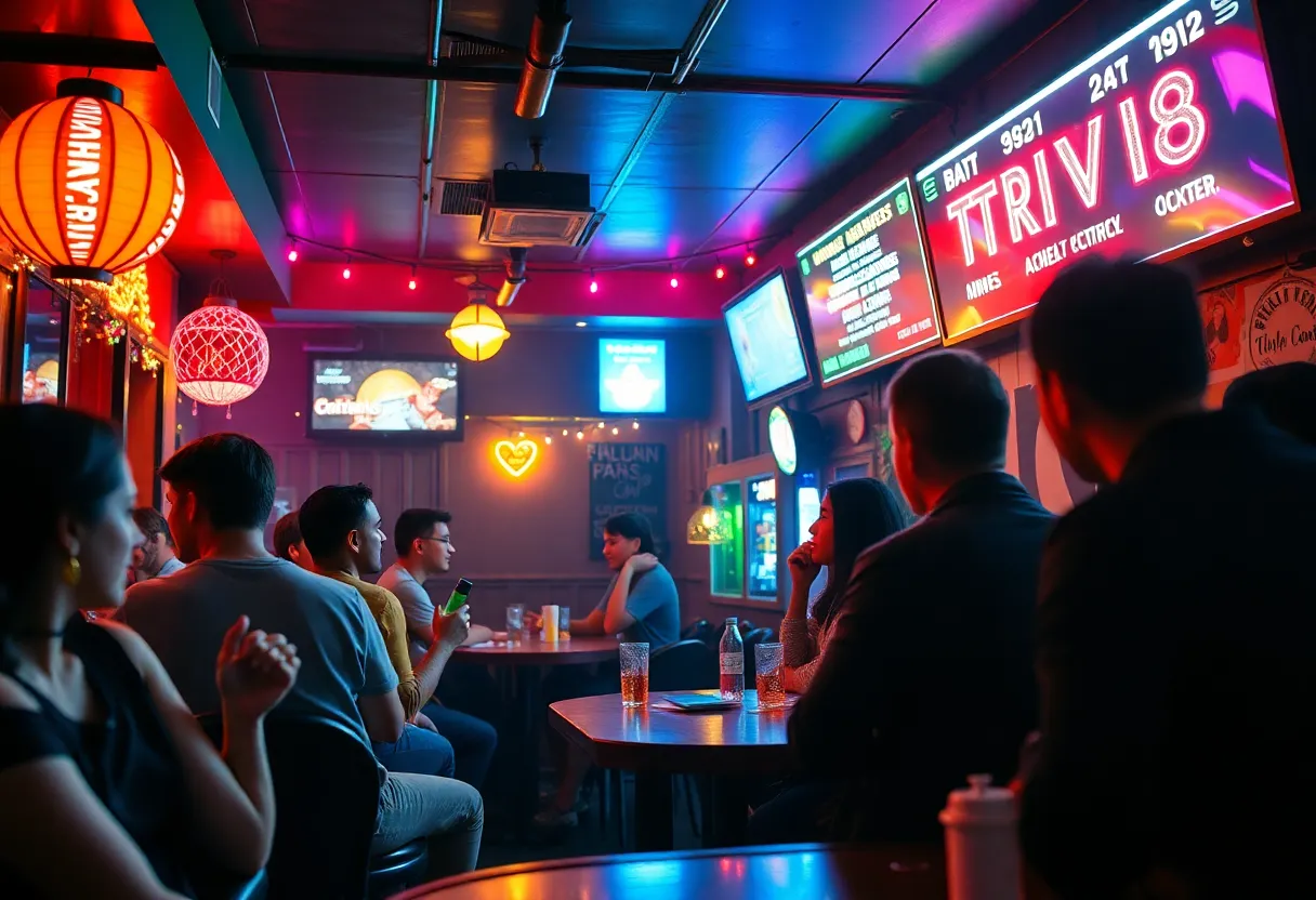 Patrons enjoying a lively karaoke night in a vibrant bar.