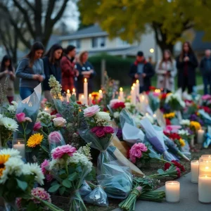 Community mourning in front of a memorial for a tragic incident in Knoxville