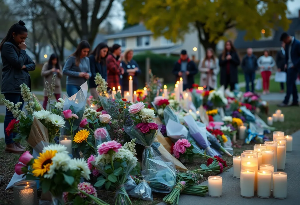 Community mourning in front of a memorial for a tragic incident in Knoxville