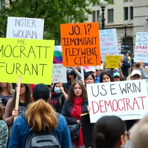 Crowd of protestors holding signs advocating for democracy in Knoxville