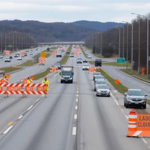 Traffic on Alcoa Highway with construction signs and workers