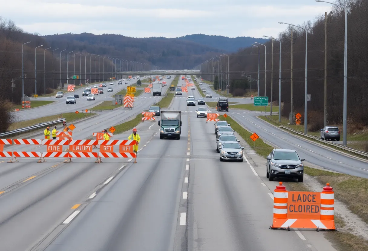 Traffic on Alcoa Highway with construction signs and workers