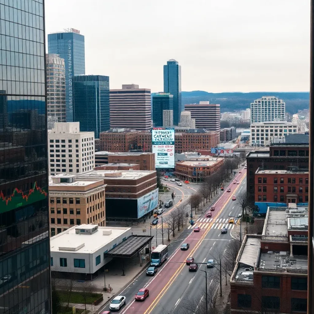 Cityscape of Knoxville with stock market symbols