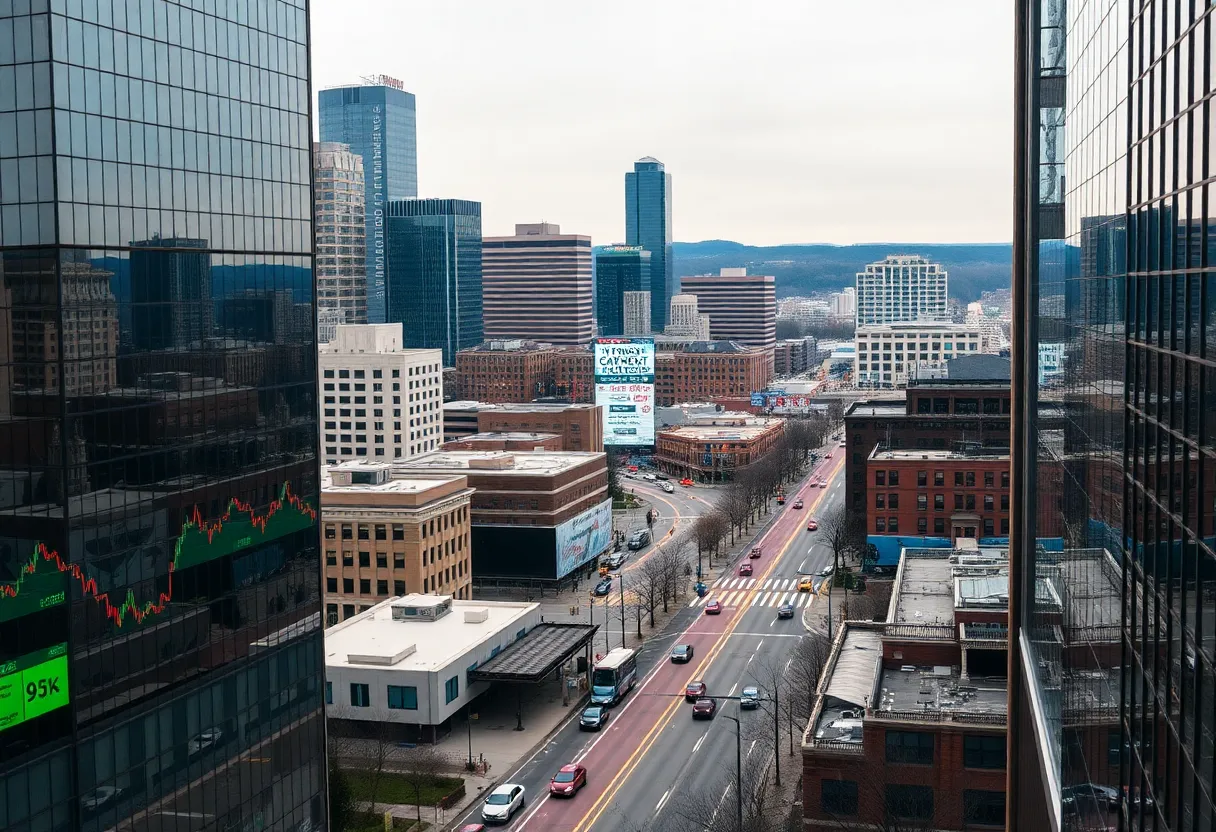 Cityscape of Knoxville with stock market symbols