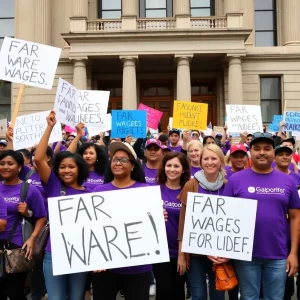 Rally of L.A. County workers in purple shirts demanding fair wages.