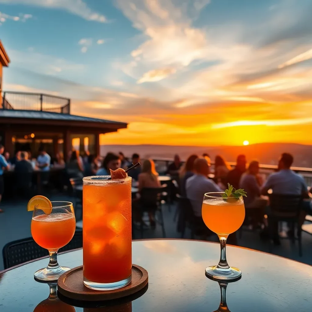 A vibrant rooftop bar setting with cocktails and sunset views in East Tennessee