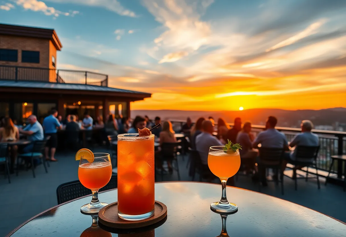 A vibrant rooftop bar setting with cocktails and sunset views in East Tennessee
