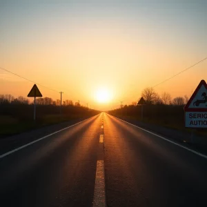 Empty road with warning signs indicating a recent car accident