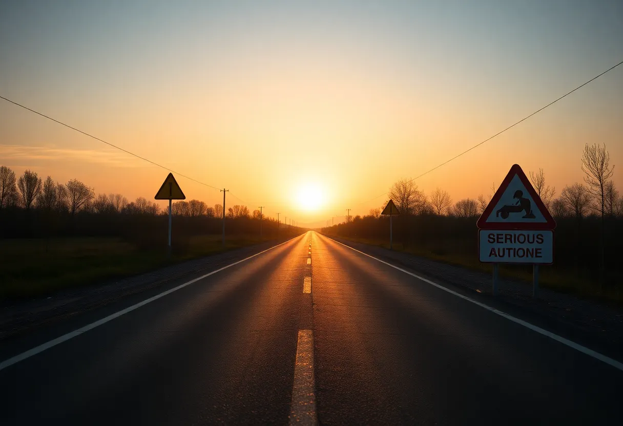 Empty road with warning signs indicating a recent car accident