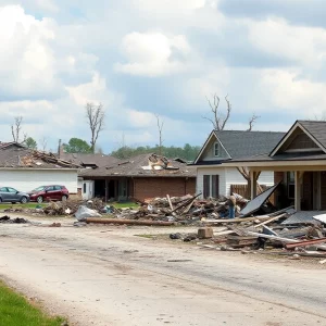 Destruction caused by a severe tornado in a neighborhood
