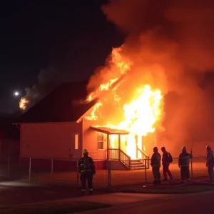 House fire scene in South Knoxville with smoke and flames