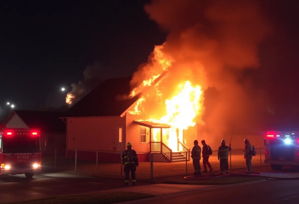House fire scene in South Knoxville with smoke and flames