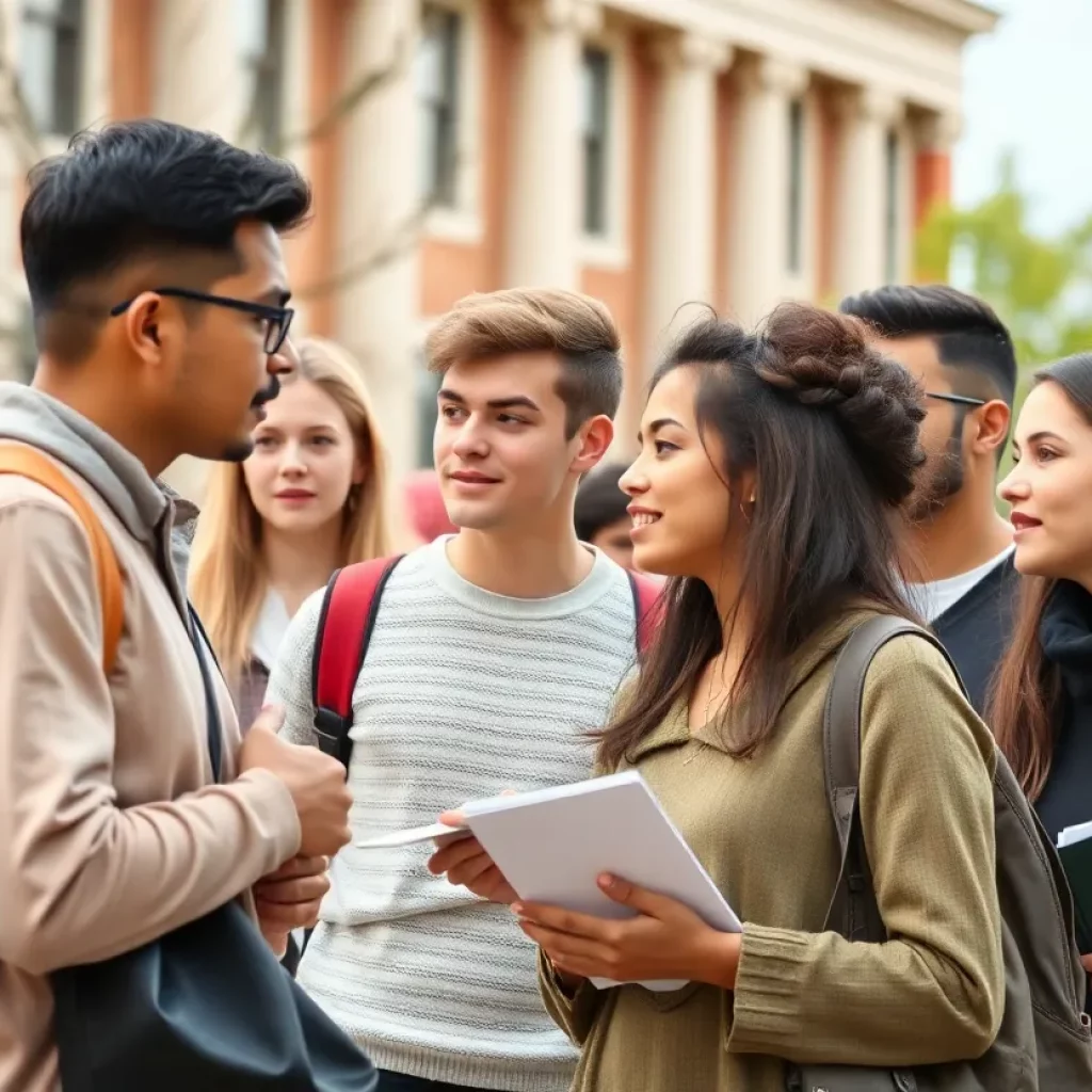 Students discussing diverse ideologies on a university campus