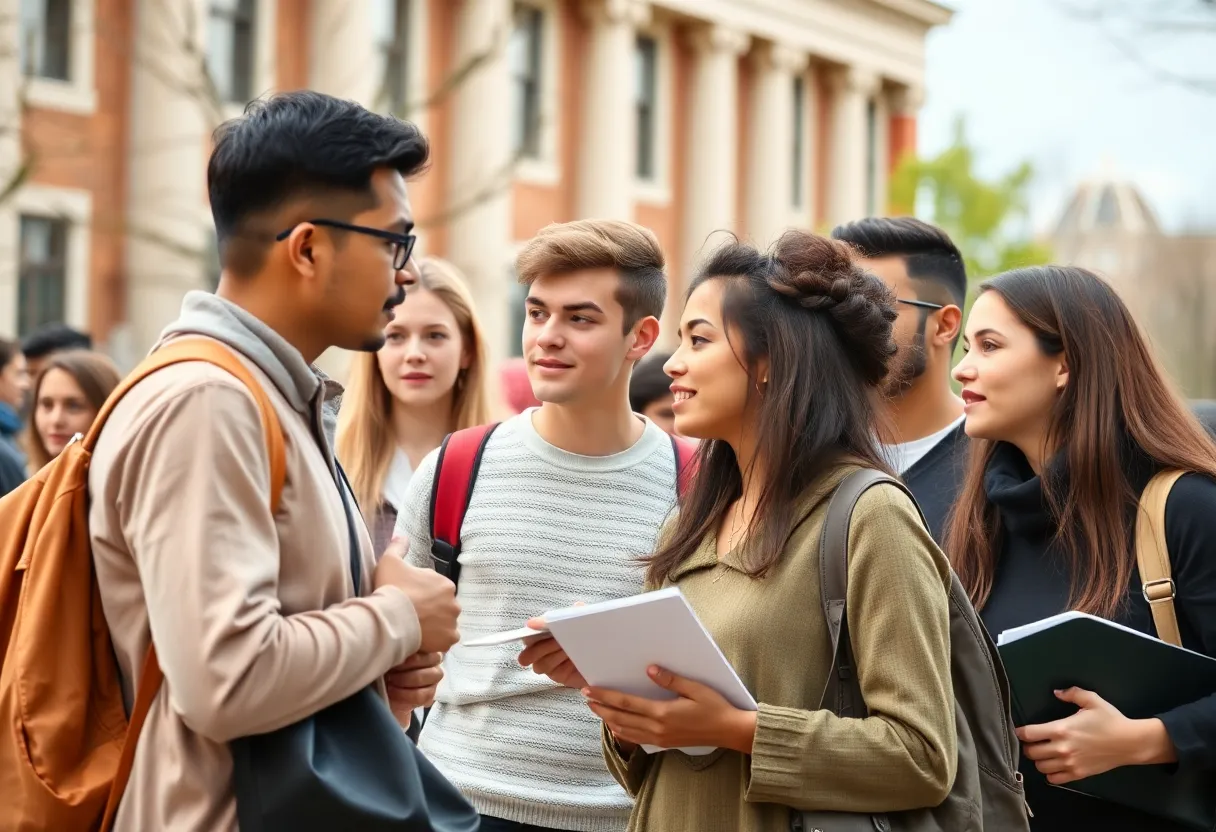 Students discussing diverse ideologies on a university campus