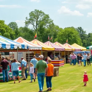 Visitors enjoy the Tennessee Valley Fair at Chilhowee Park with colorful tents and agricultural exhibits.