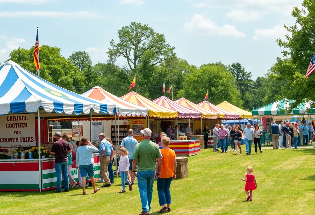 Visitors enjoy the Tennessee Valley Fair at Chilhowee Park with colorful tents and agricultural exhibits.