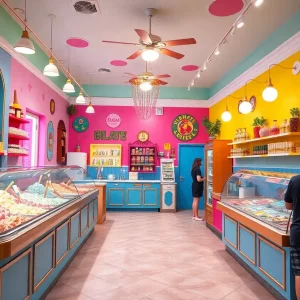 Interior view of Tesoro Gelato Shop showcasing colorful gelato options