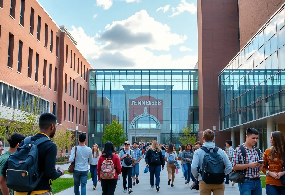 Campus scene of the University of Tennessee with students studying.