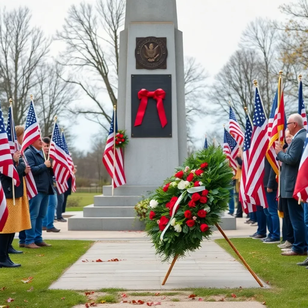 Community members participating in a wreath placement ceremony at the Vietnam War Monument.
