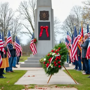 Community members participating in a wreath placement ceremony at the Vietnam War Monument.