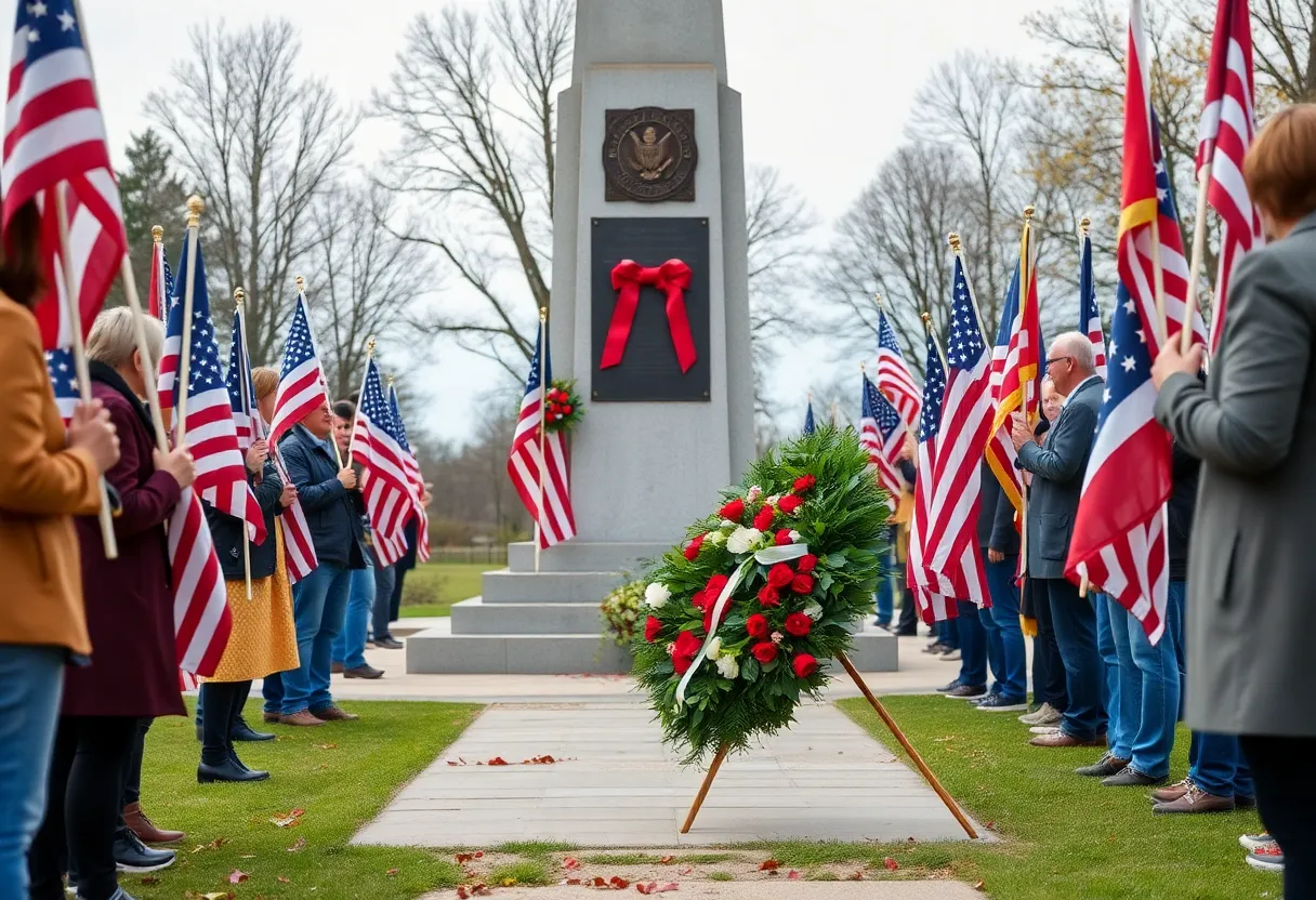 Community members participating in a wreath placement ceremony at the Vietnam War Monument.
