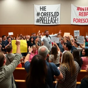 Supporters celebrating the release of an activist in a courtroom.