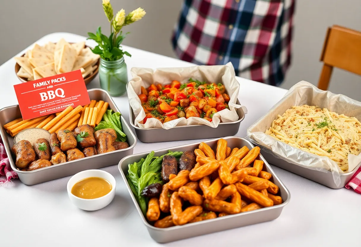 A variety of family meal packs from Knoxville restaurants on a dining table.