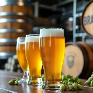 Craft beers in a brewery with barrels and hops