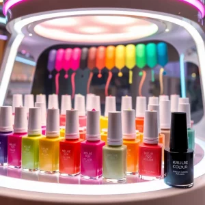 Customizable nail polish colors being mixed in a kiosk