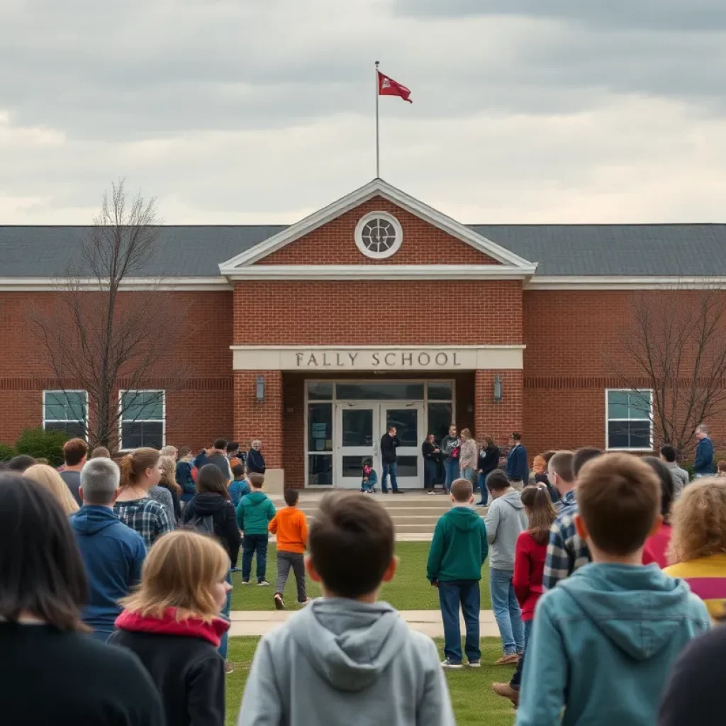 School building with concerned parents outside