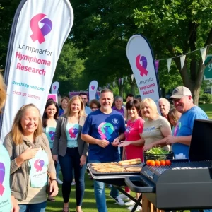 Participants at a fundraising event for lymphoma research with banners and community engagement.